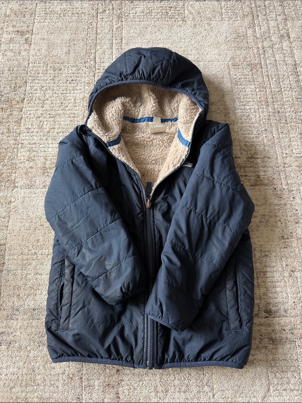 Patagonia reversible ready Freddy Navy Hooded Puffer Jacket with Sherpa Lining